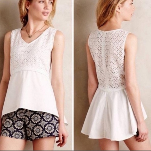 Anthropologie Eyelet Hi Low Empire Waist Blouse by HD in Paris White Size M - Picture 3 of 4